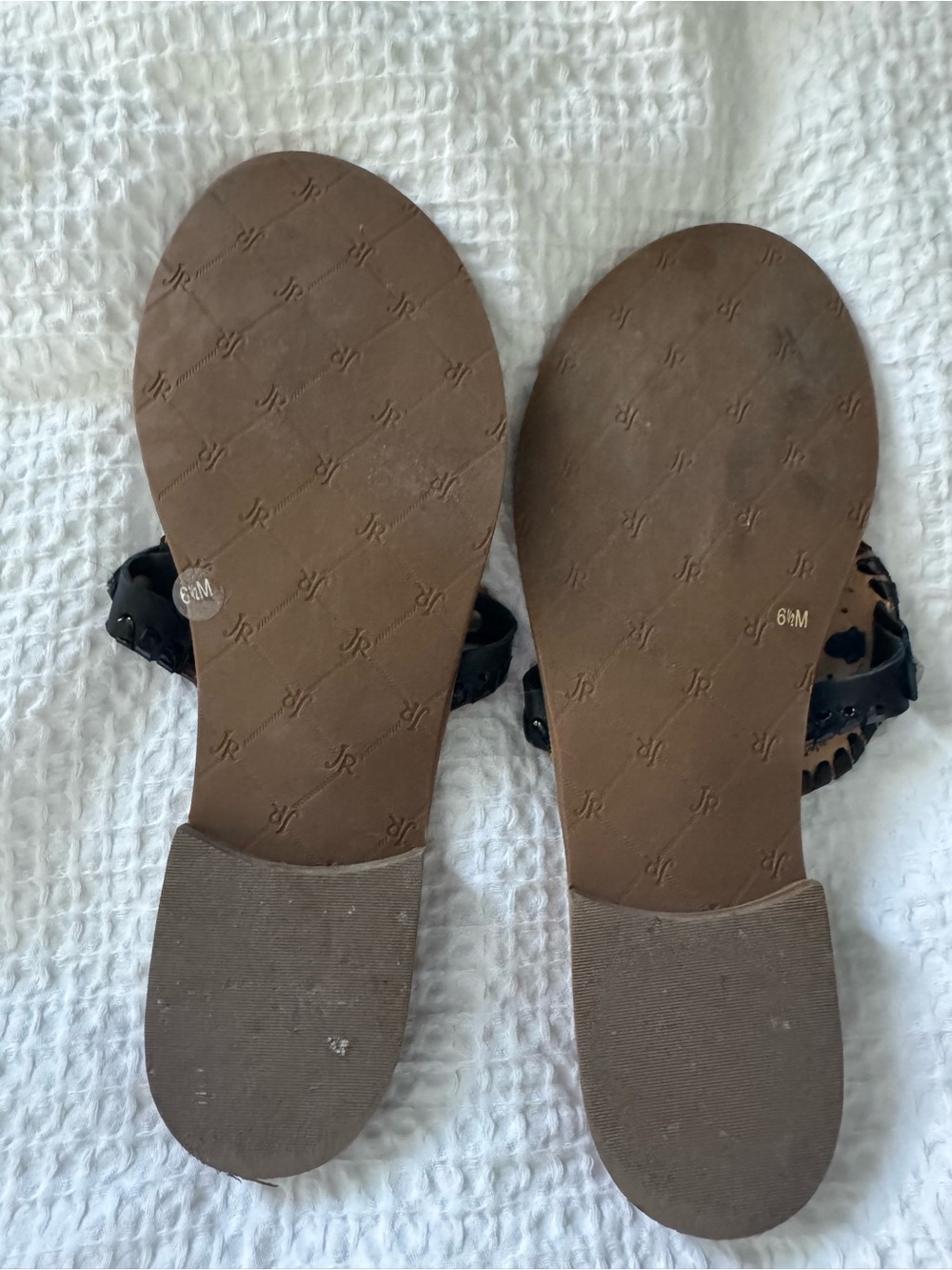 Jack Rogers Black Leather Circle-Top Toe-Post Sandals with Tan Footbed - Picture 2 of 2